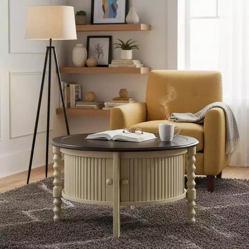 Table Basse Ronde en Bois avec Porte Coulissante et Pieds Massifs
