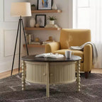 Table Basse Ronde en Bois avec Porte Coulissante et Pieds Massifs