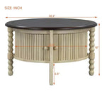 Table Basse Ronde en Bois avec Porte Coulissante et Pieds Massifs