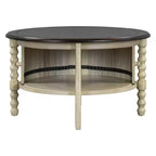 Table Basse Ronde en Bois avec Porte Coulissante et Pieds Massifs