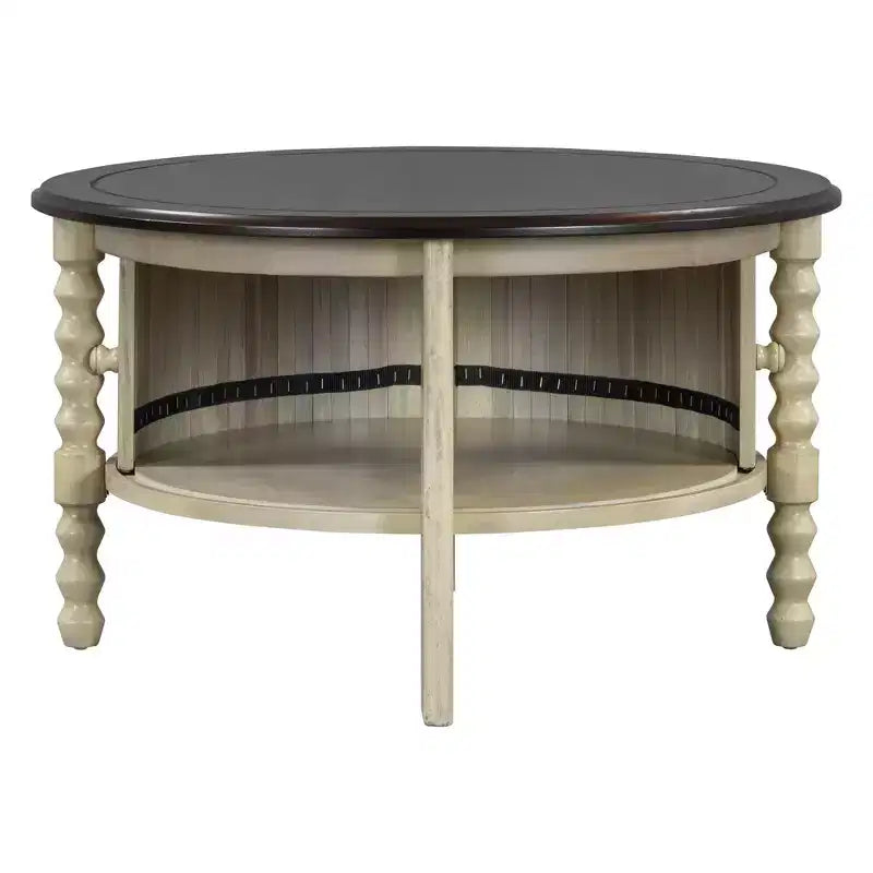 Table Basse Ronde en Bois avec Porte Coulissante et Pieds Massifs
