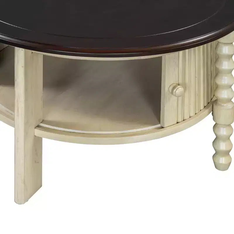 Table Basse Ronde en Bois avec Porte Coulissante et Pieds Massifs
