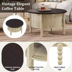 Table Basse Ronde en Bois avec Porte Coulissante et Pieds Massifs