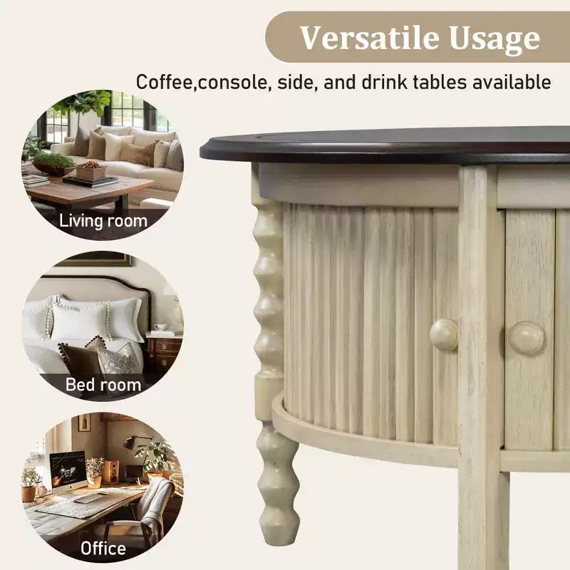 Table Basse Ronde en Bois avec Porte Coulissante et Pieds Massifs