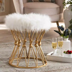 Leonie Faux Fur Upholstered Metal Ottoman White/Gold - Baxton Studio
