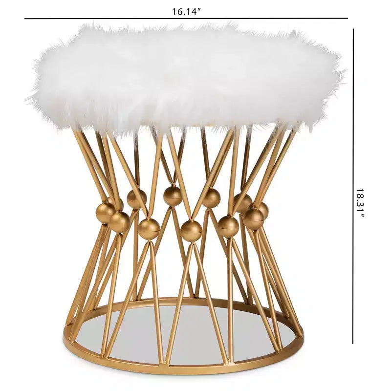 Pouffe en métal tapissé de fausse fourrure Blanc/Doré
