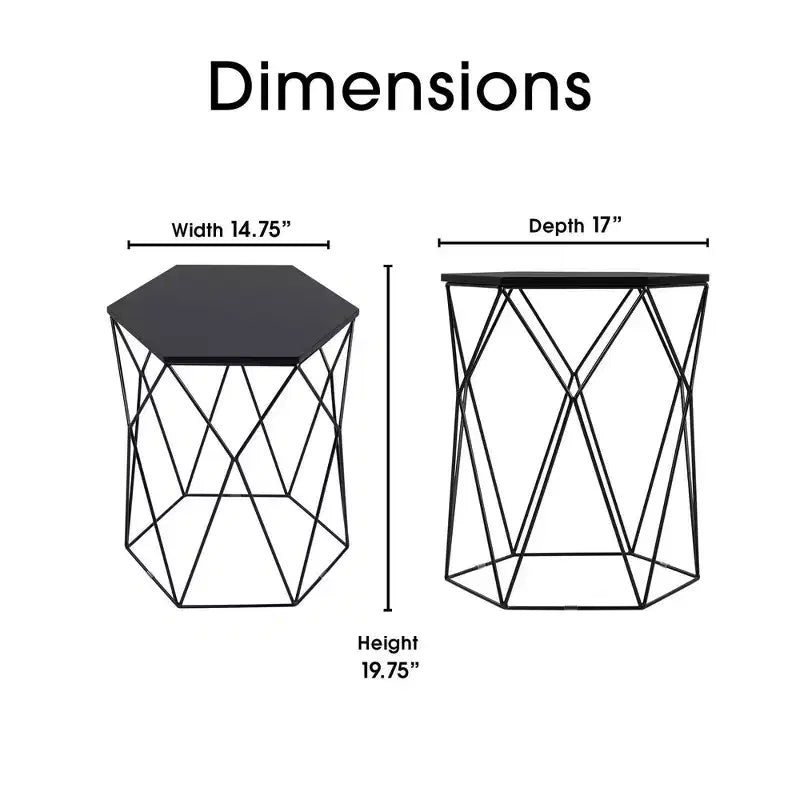 Table d'appoint géométrique noir minuit : hexagonale, cadre en fer, aucun assemblage requis