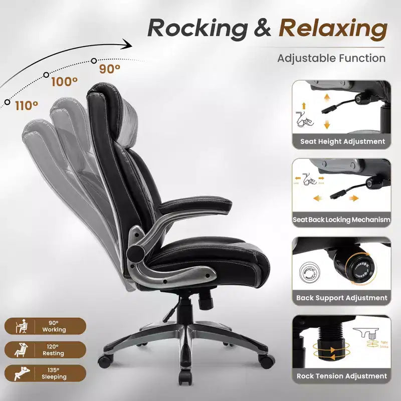 Chaise de bureau, chaise de direction en cuir PU avec soutien lombaire réglable, chaise de travail pour la maison